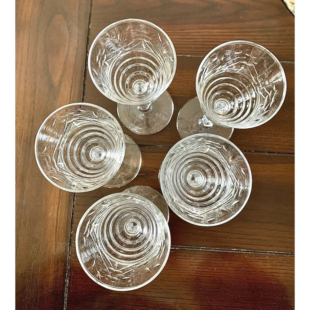 Vtg Libbey Rock Sharpe Artic Rose Crystal Water Goblets Set 5 Grandmillennial
